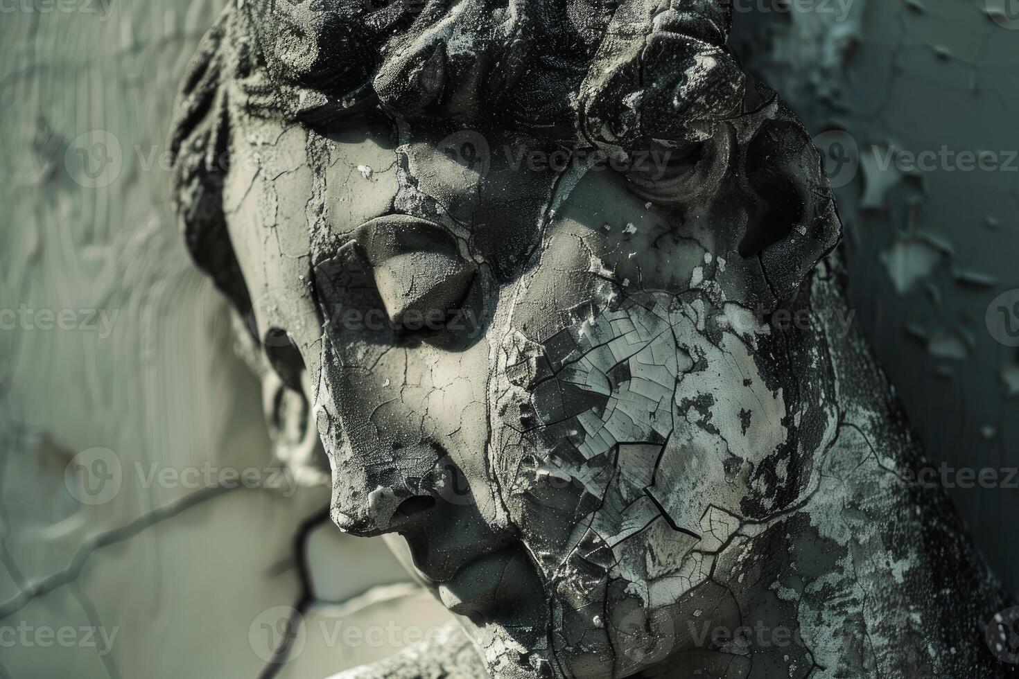 Old weathered stone statue face showing effects of time photo