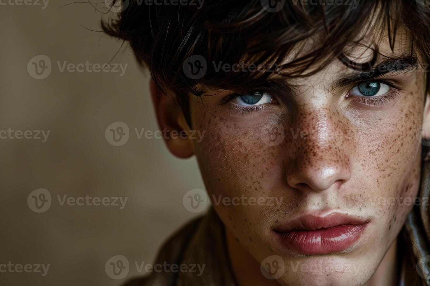 Young man with freckles and blue eyes posing in front of a brown wall photo