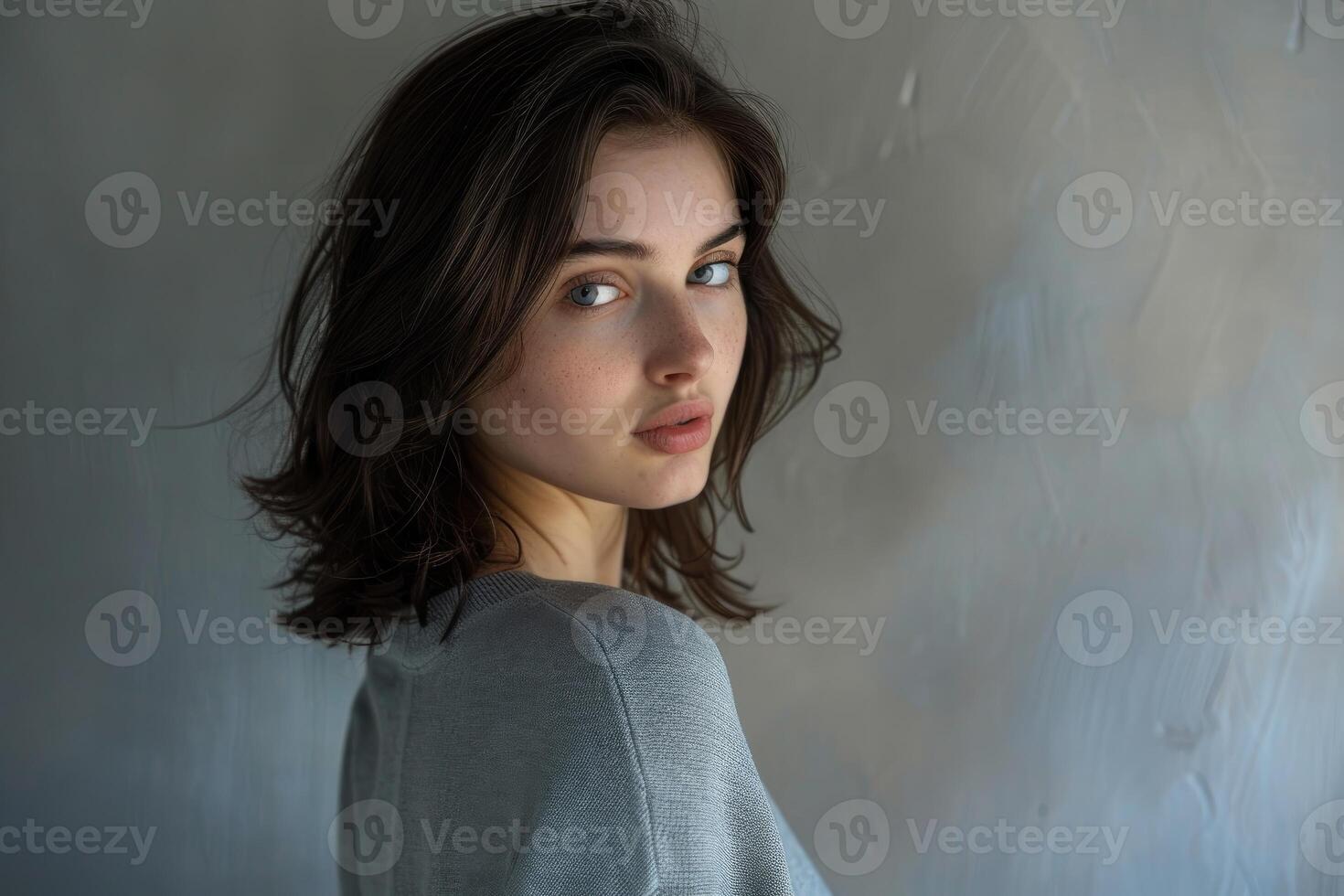 Beautiful brunette model posing over a gray background photo
