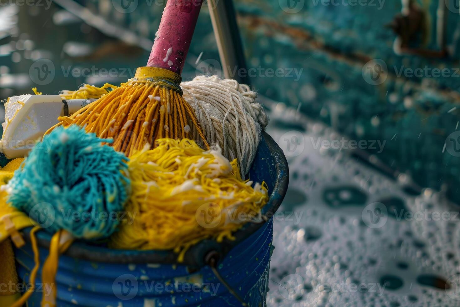 Cleaning equipment standing in bucket with soap suds in background photo