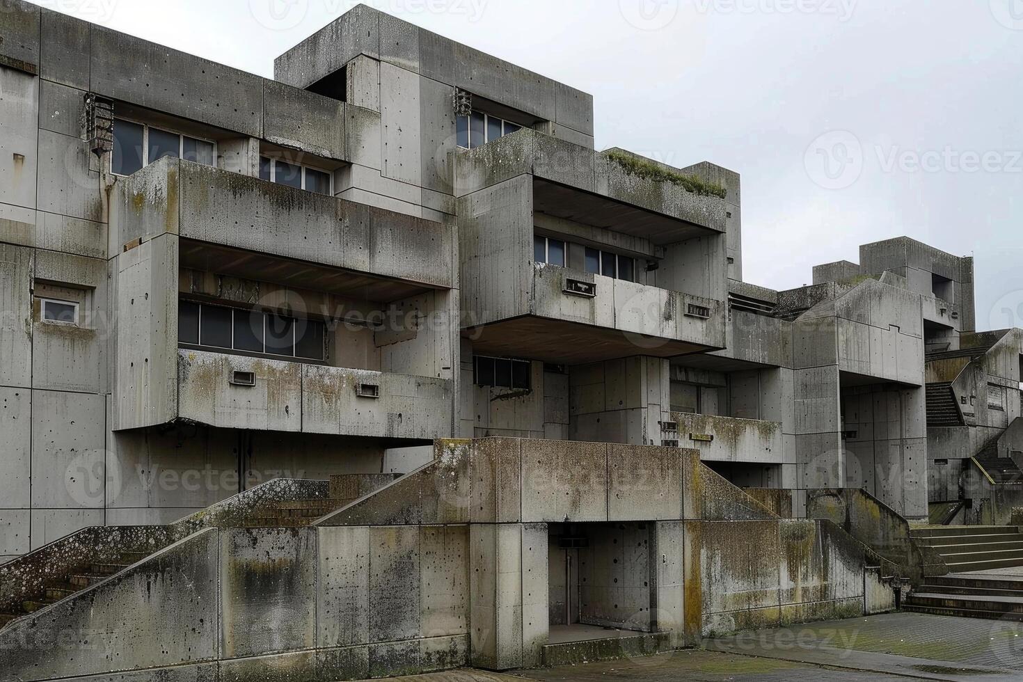 Brutalist style concrete building with multiple levels and staircases photo