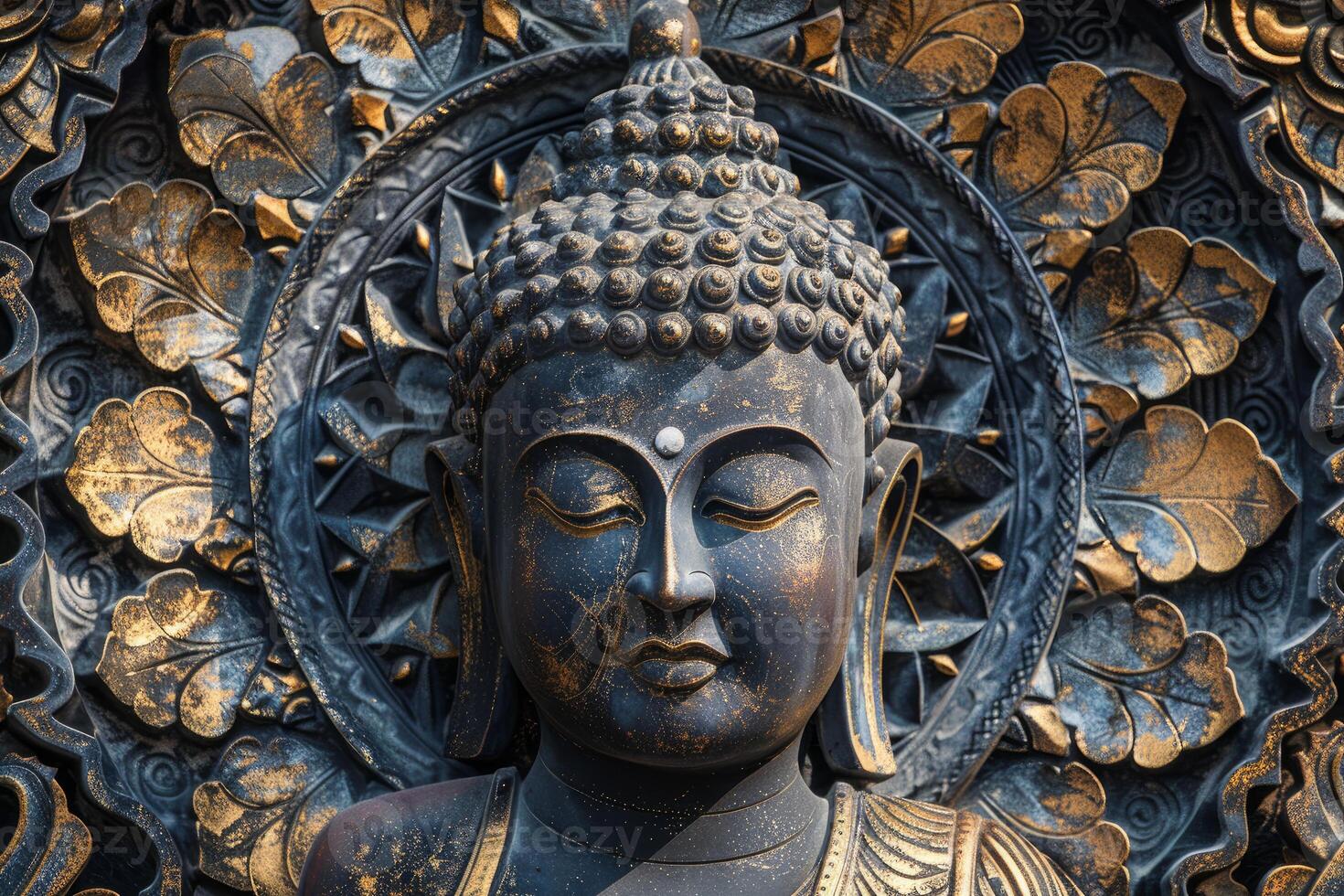 Ancient stone buddha statue resting against ornate gold and black wall photo