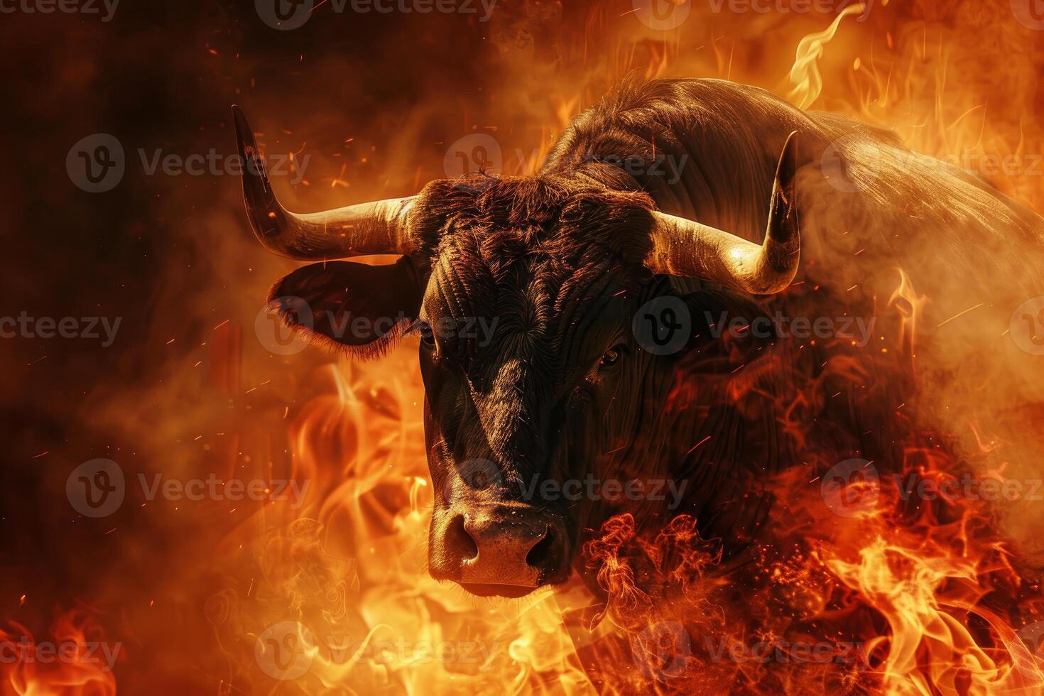 Powerful bull standing defiant surrounded by fiery inferno photo