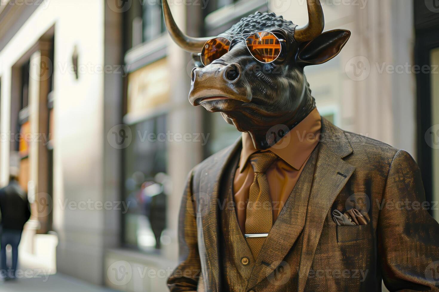 Bull dressed as a businessman walking on wall street photo