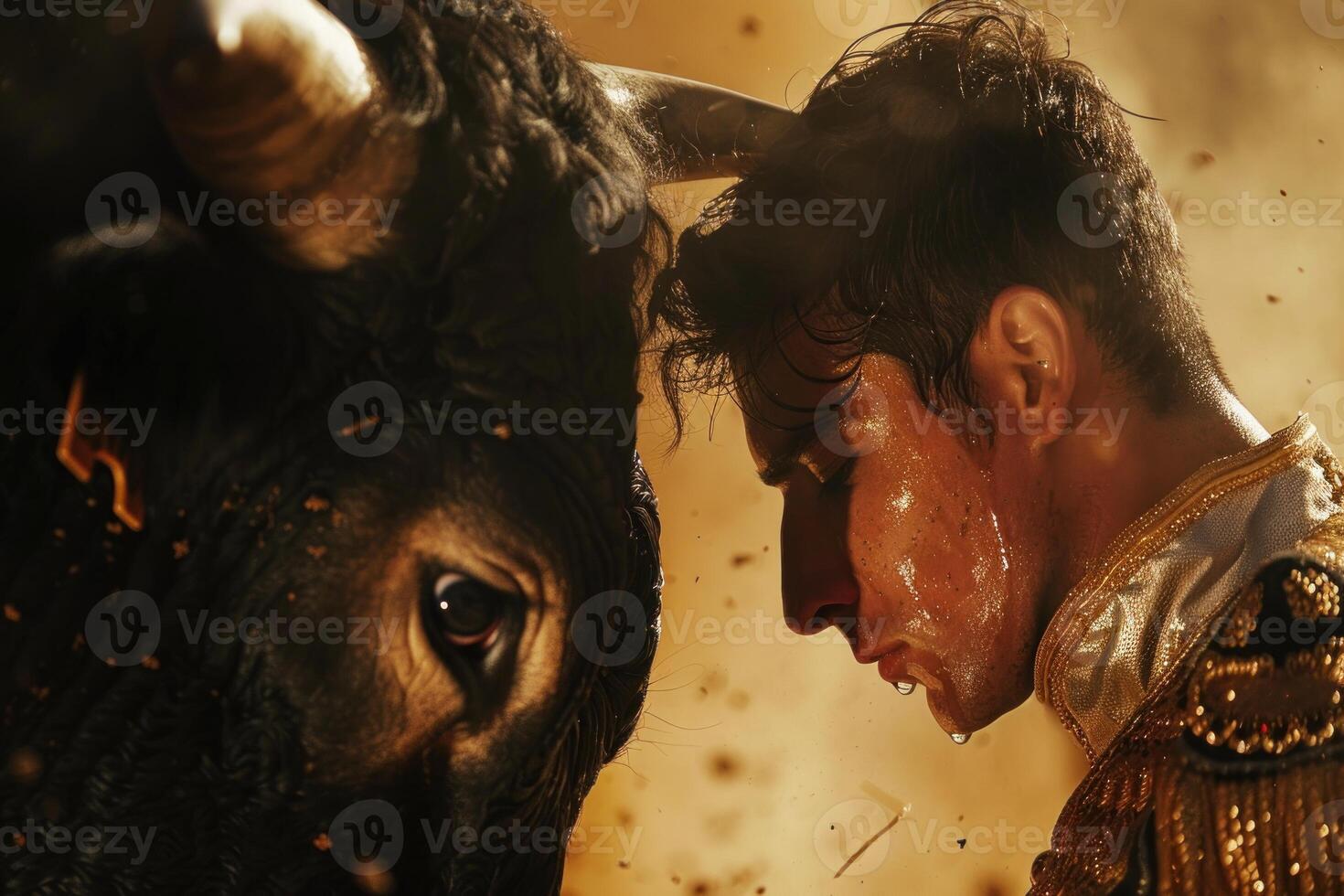Matador facing bull in dramatic closeup during corrida photo