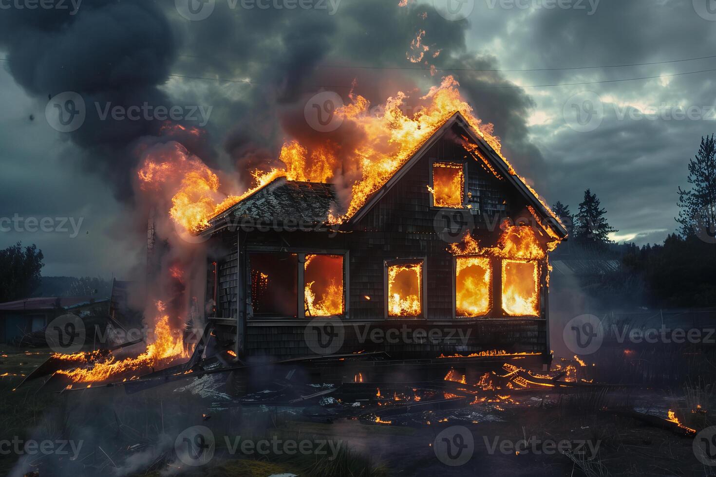 Old abandoned house burning in fire disaster photo