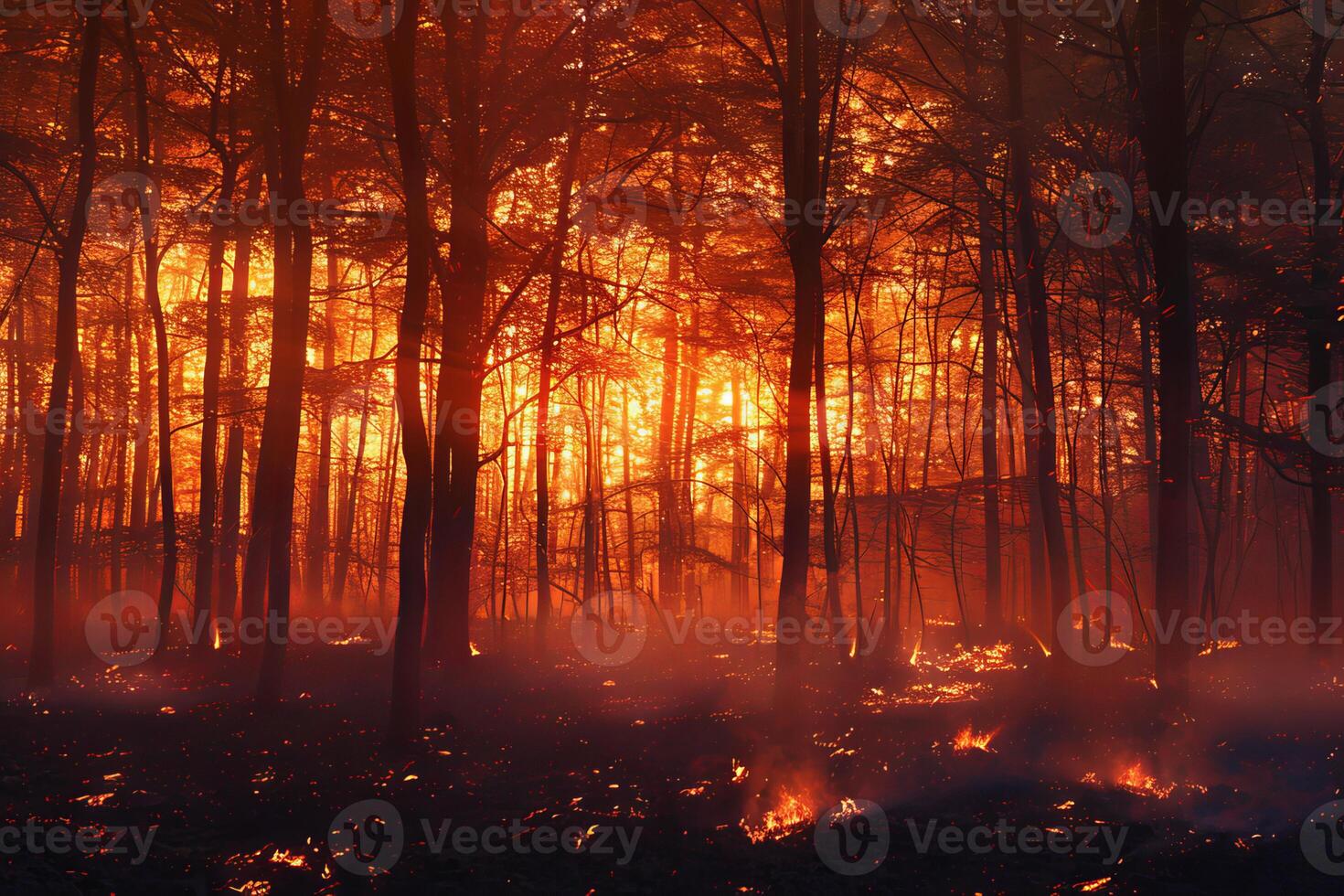 Wildfire burning through the forest at sunset photo
