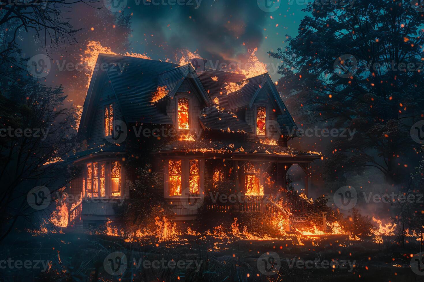 Abandoned house being consumed by raging fire at night photo