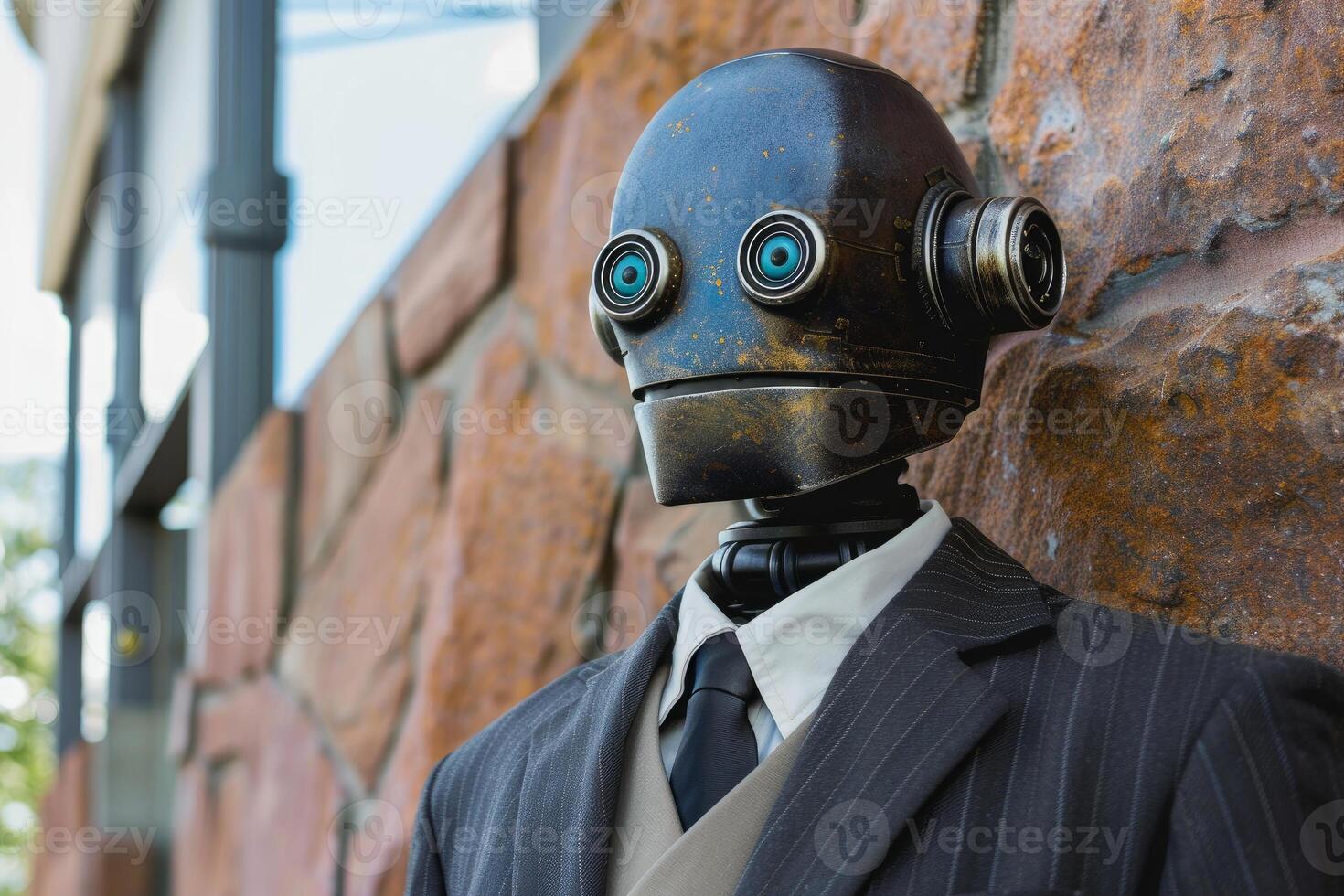 Steampunk robot wearing suit and tie leaning against stone wall photo