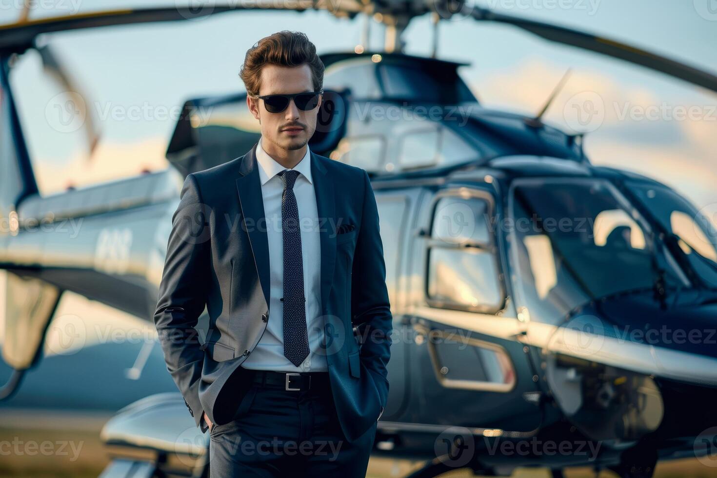 Confident businessman wearing suit standing near private helicopter photo