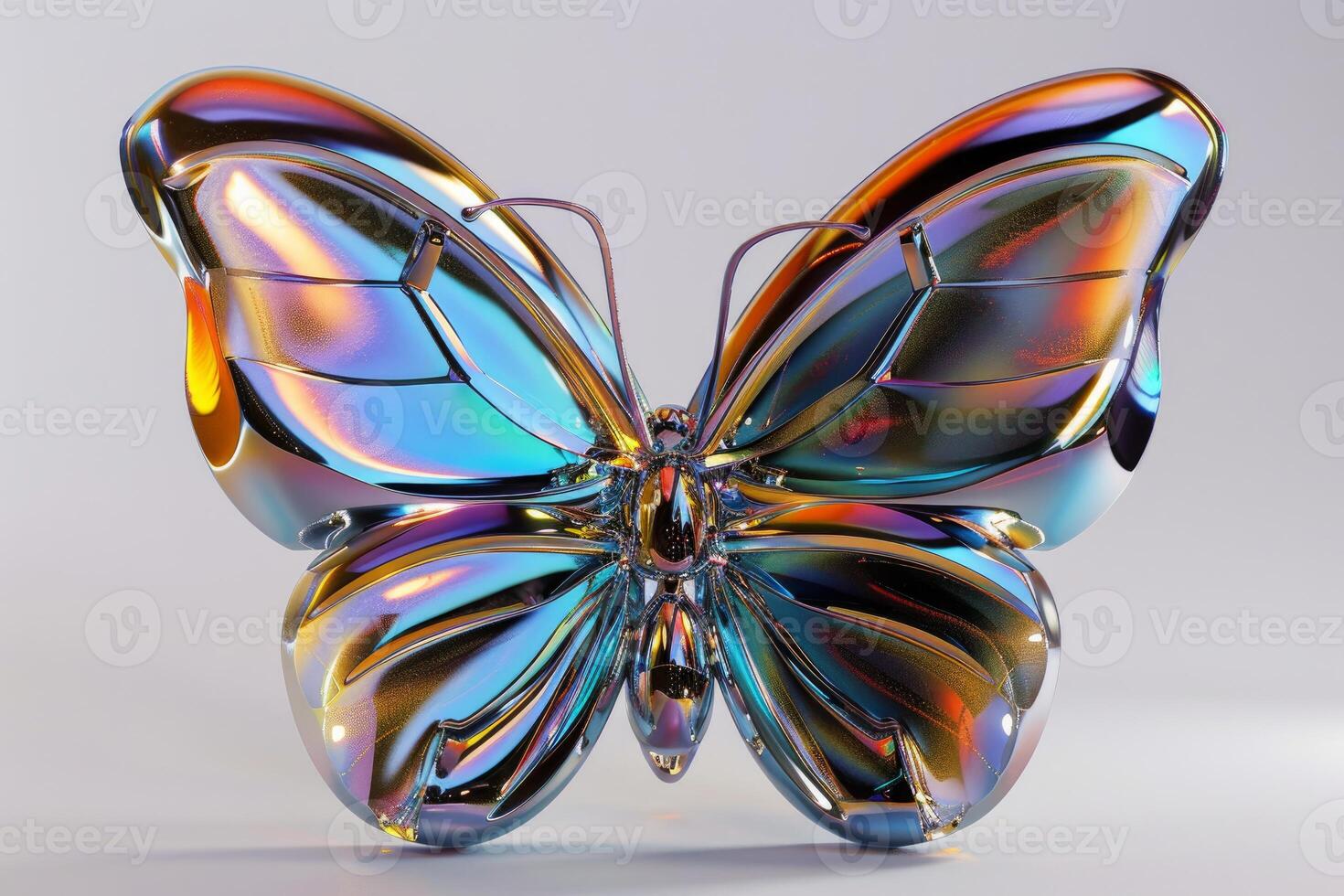 Metallic butterfly sculpture showing iridescent colors on white background photo