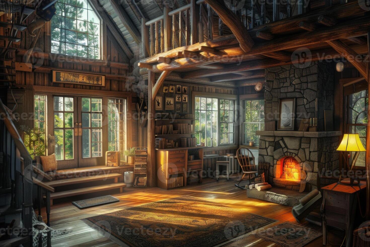 Sun shining on cozy living room in rustic log cabin photo