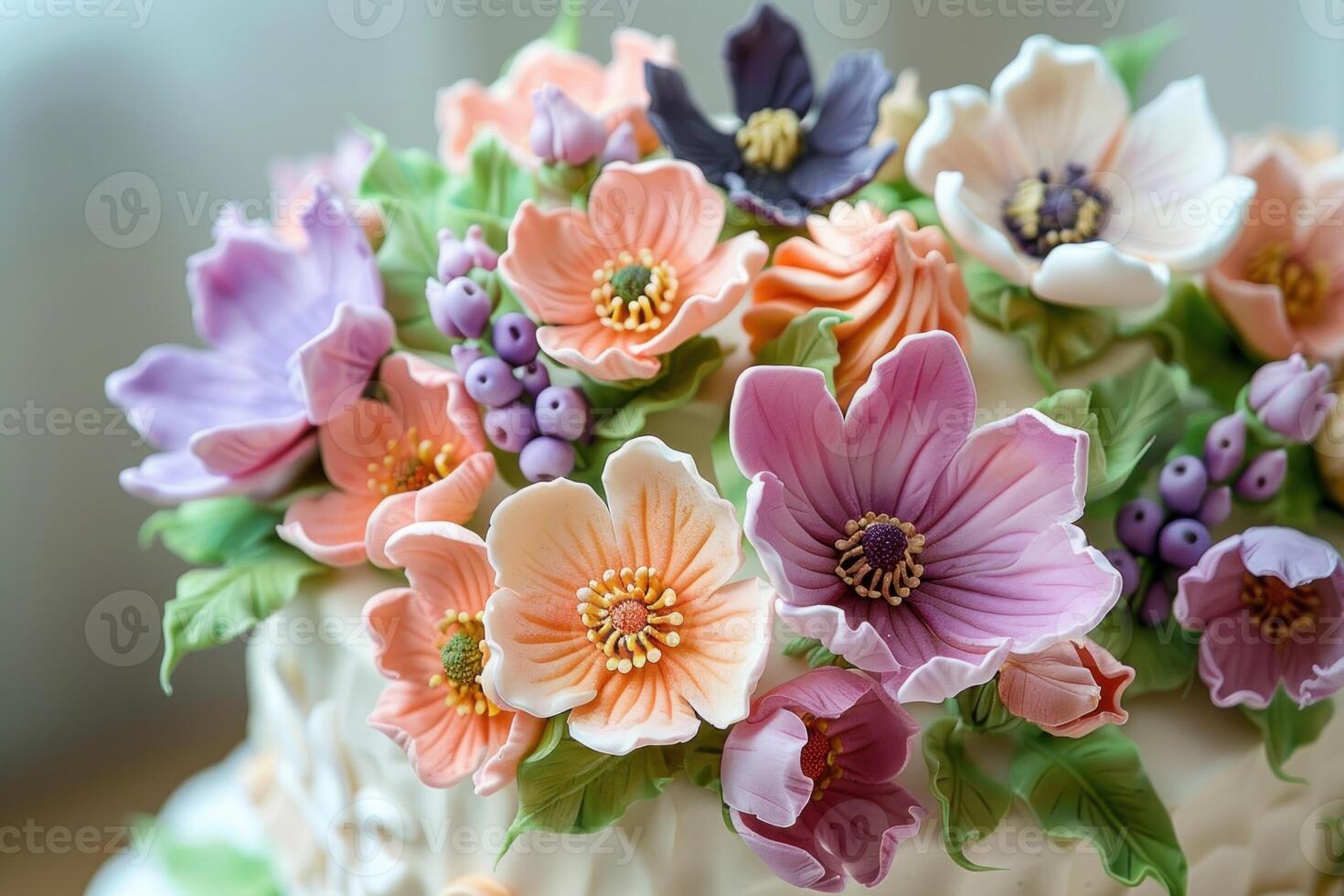 Wedding cake decorated with beautiful flowers made of sugar paste photo