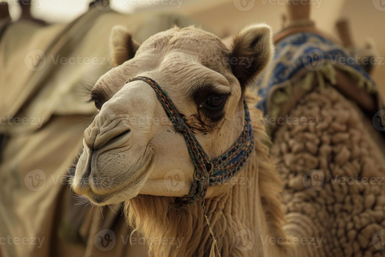 Dromedary camel wearing a colorful bridle posing at the camera photo