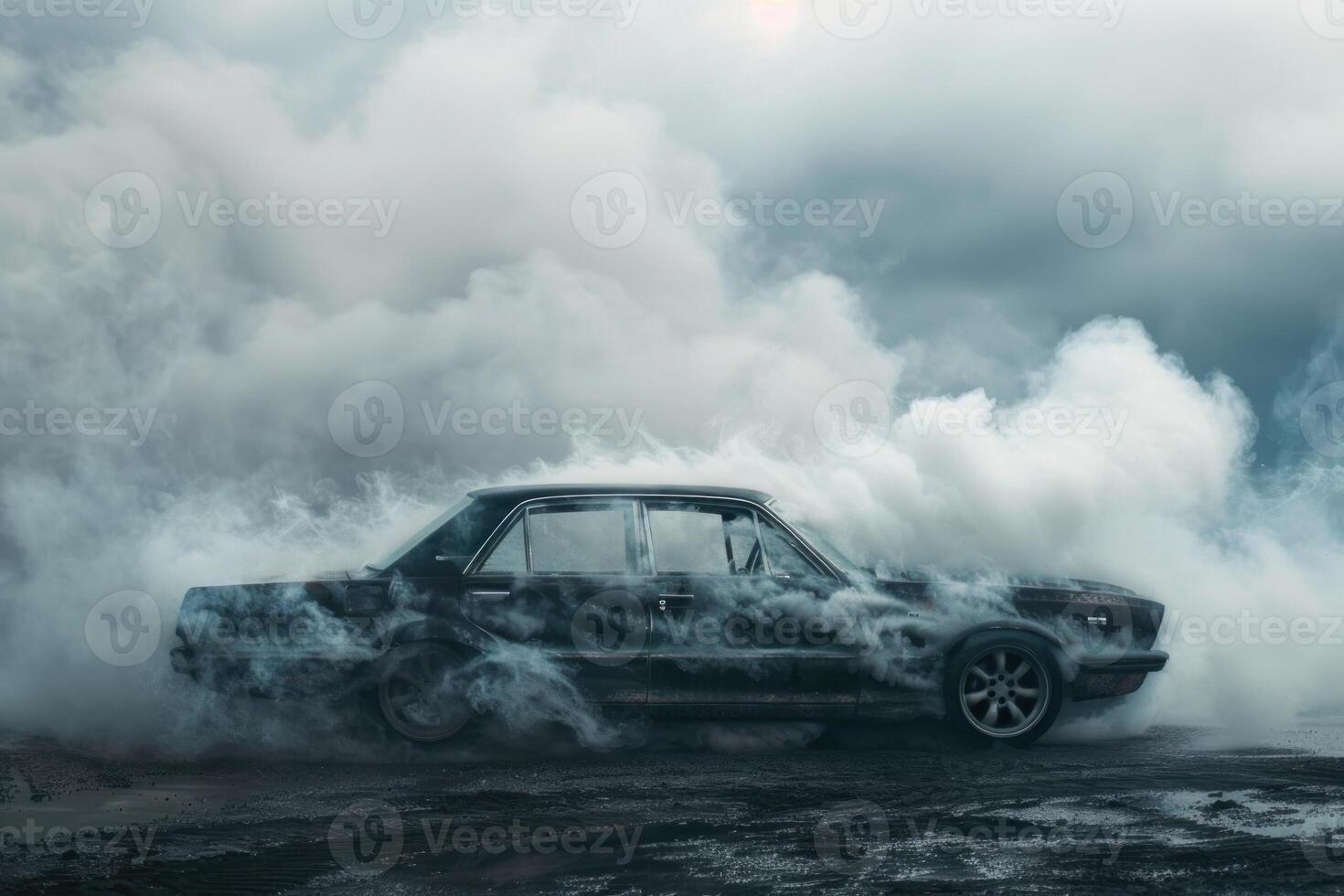 Powerful black car burning rubber and generating smoke photo