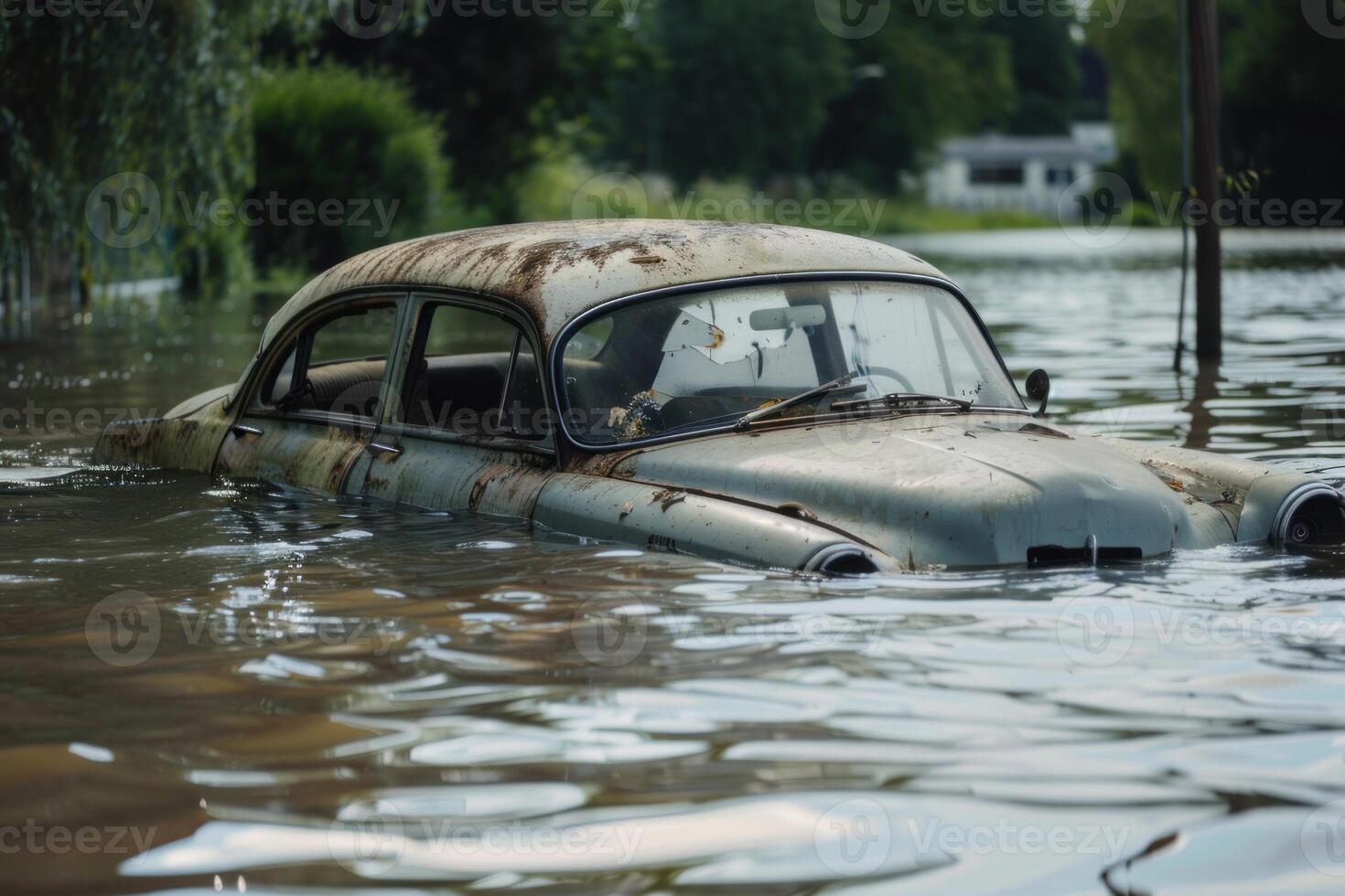 Abandoned rusty car submerged in water after natural disaster flood photo