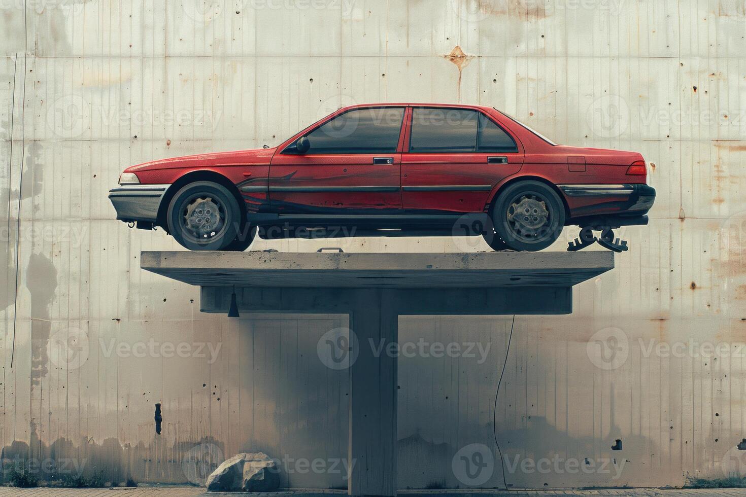 Red car balancing precariously on a concrete platform photo