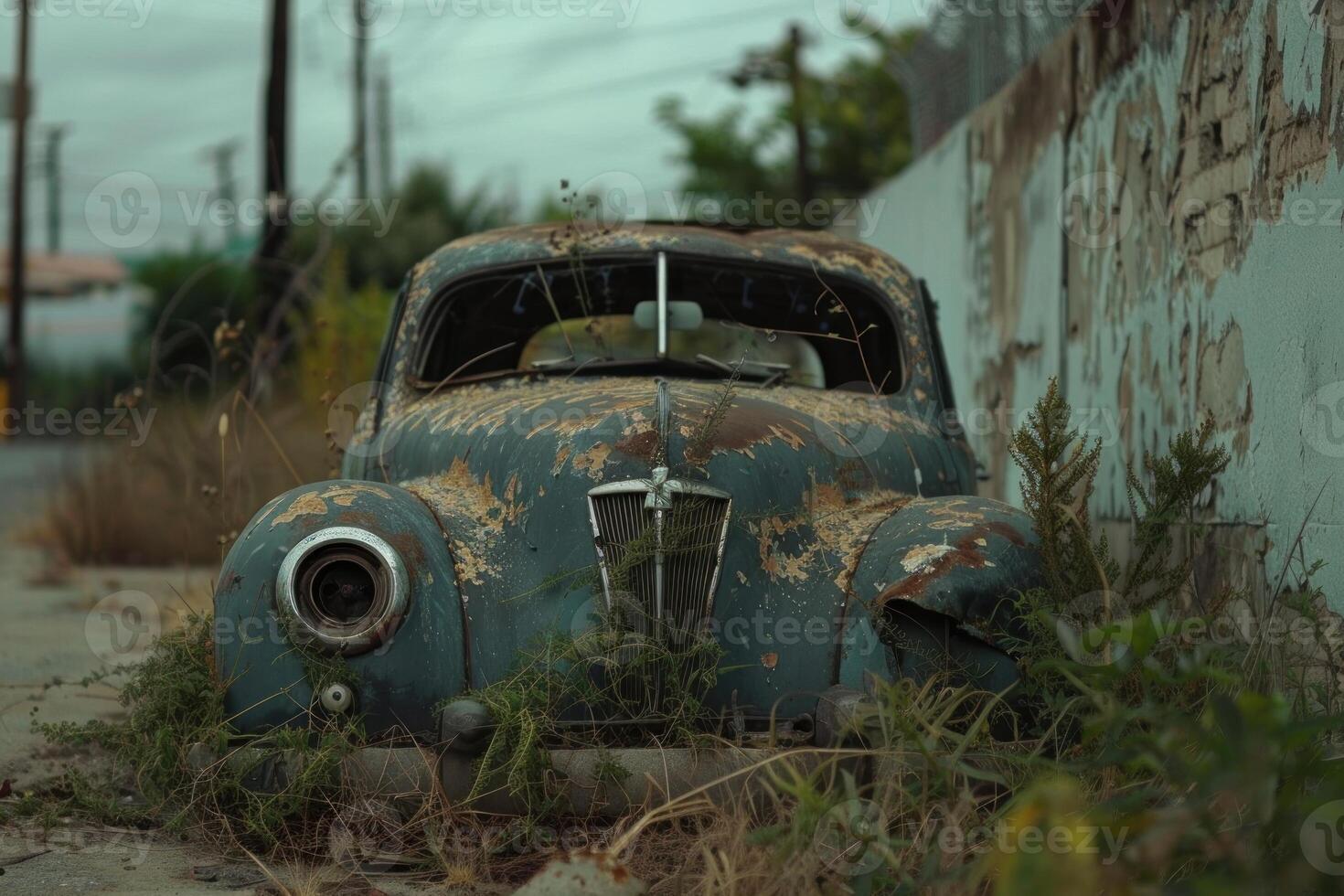 Old rusty abandoned car decaying in overgrown weeds photo