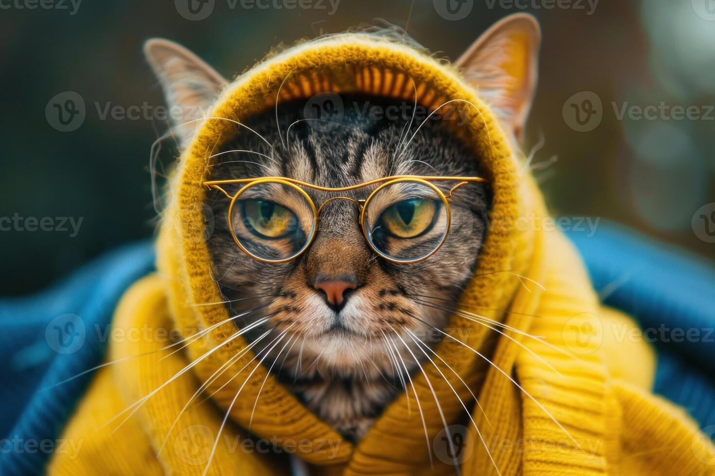 Serious cat wearing round glasses and yellow knitted sweater posing photo