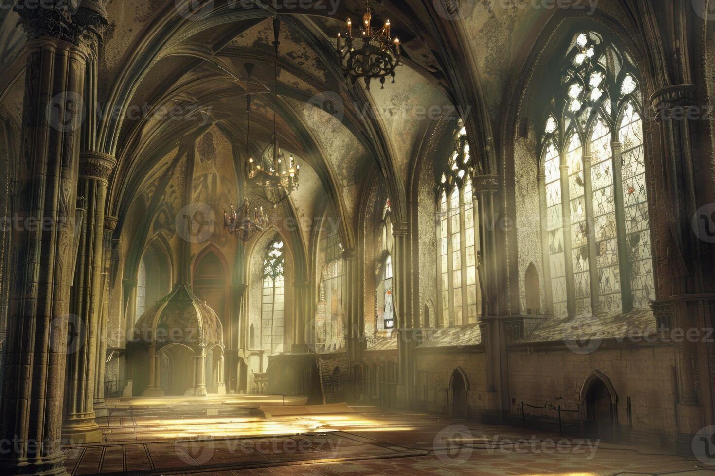 Sunlight shining through stained glass windows of abandoned church photo