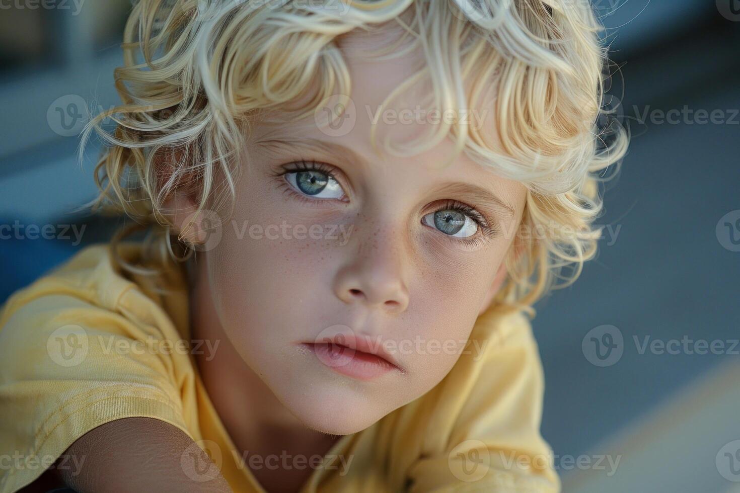 Young boy with blonde hair and blue eyes posing in thought photo