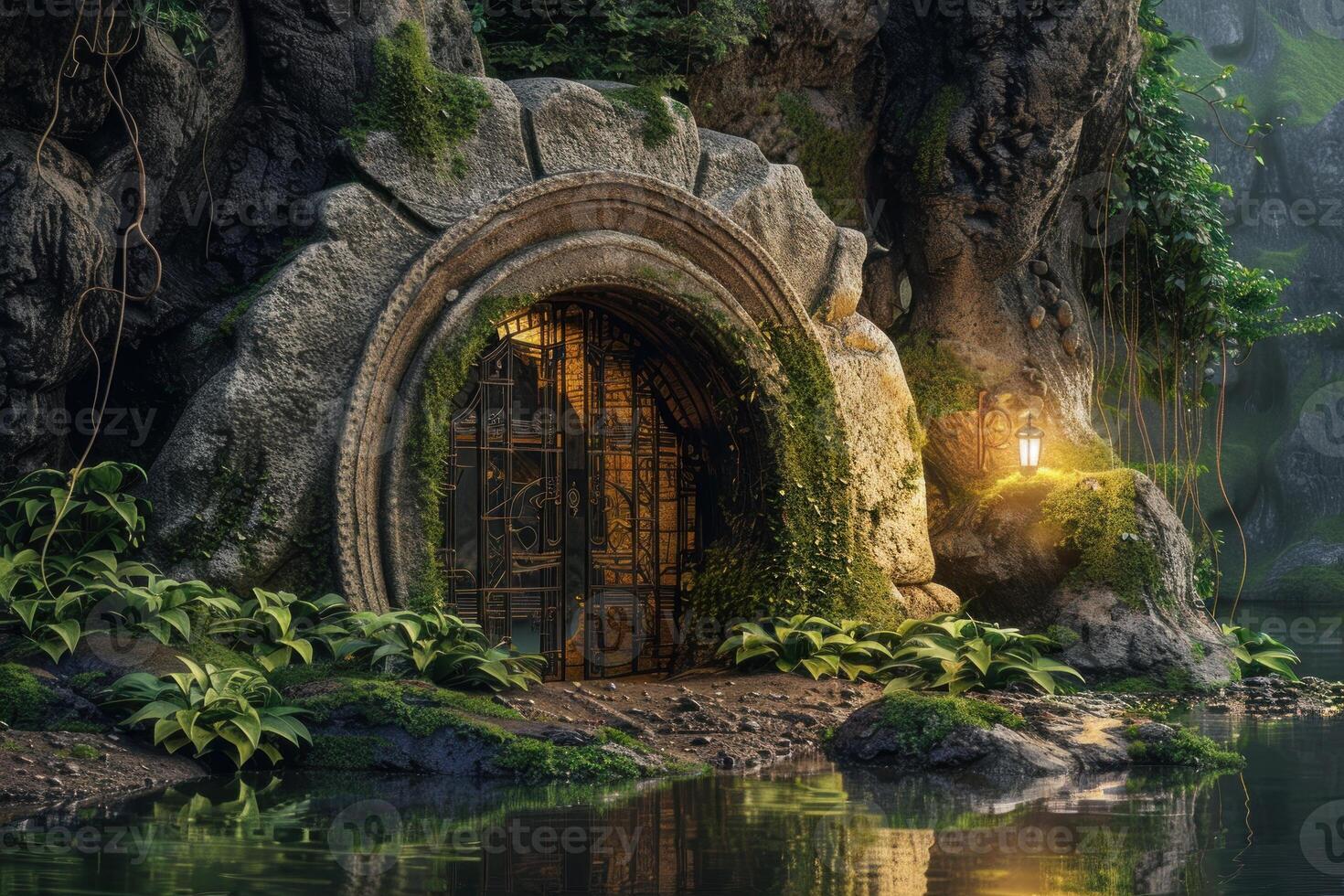 Gate leading to an ancient stone temple illuminating a mystical forest photo