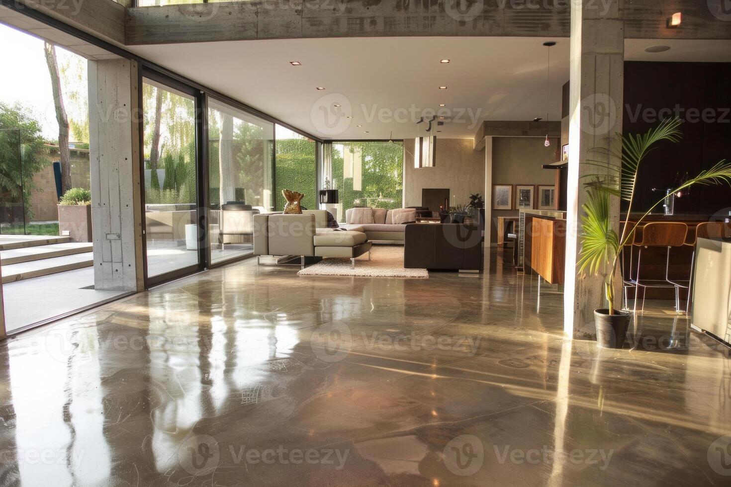 Spacious modern open plan home with polished concrete floor photo