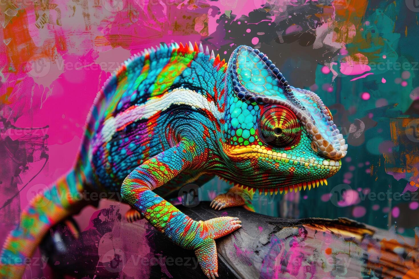 Chameleon standing on a branch showing its beautiful colors photo