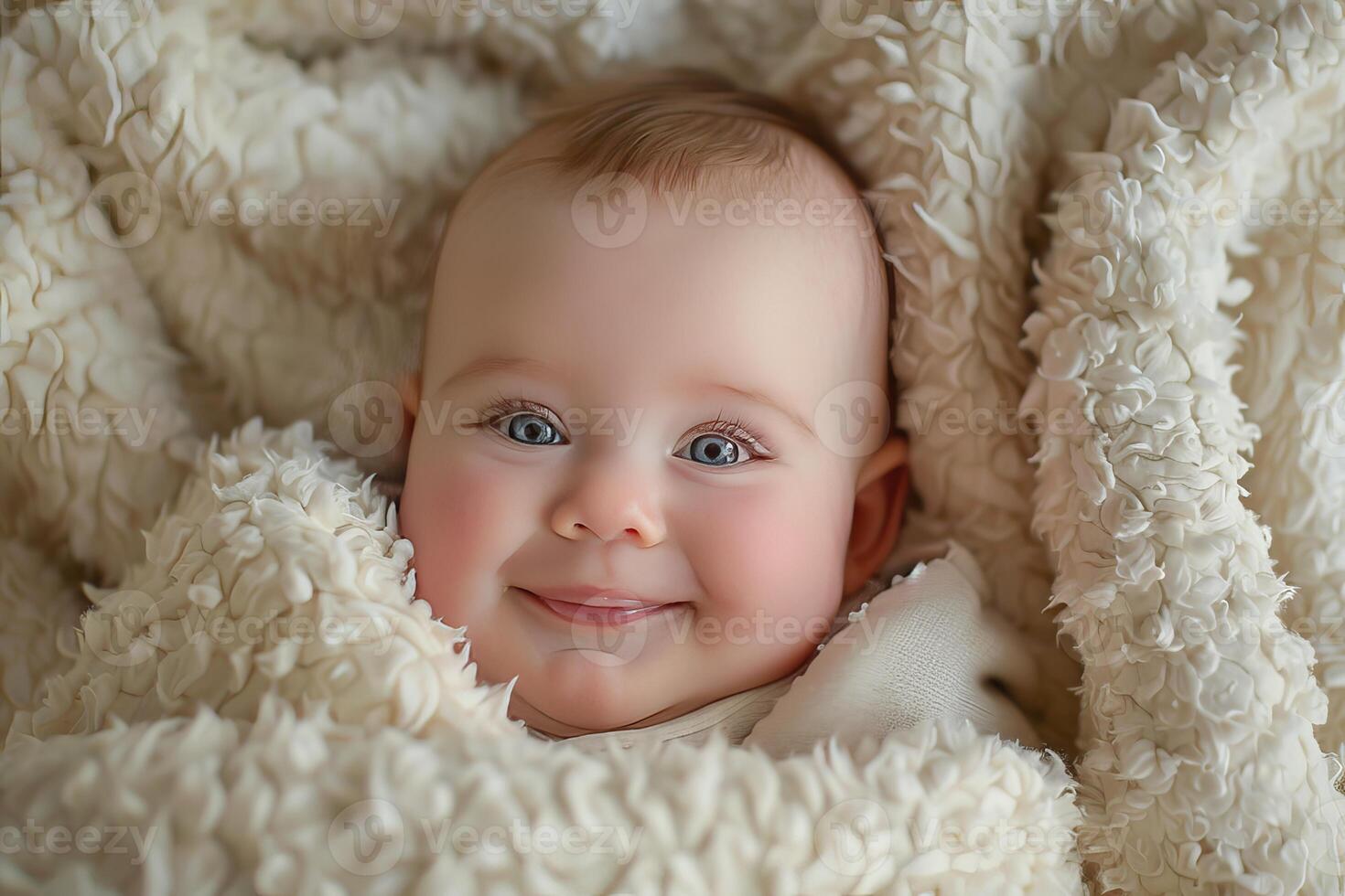 Adorable baby smiling and lying on a white fluffy blanket photo