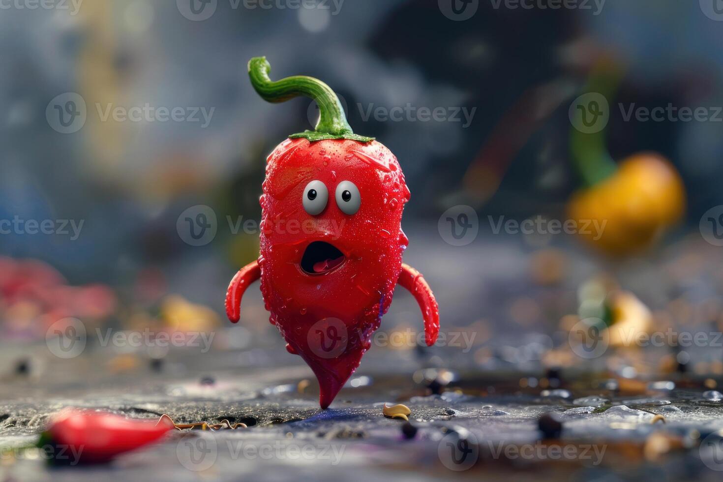3d character red chili pepper walking with a surprised expression photo