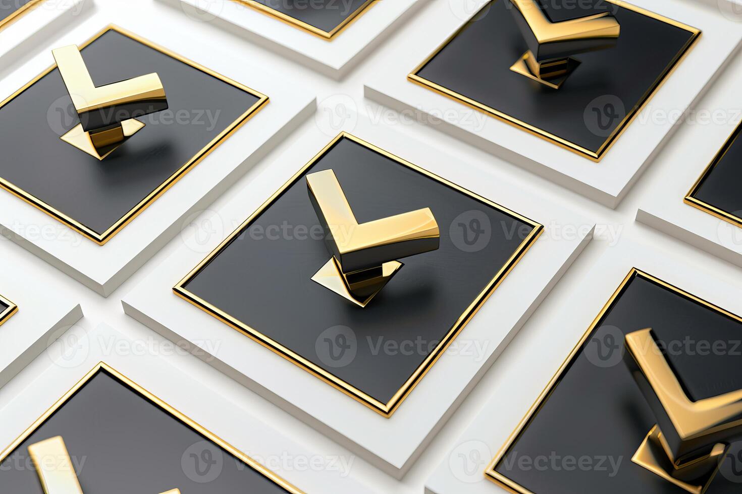 Golden check mark symbols repeating on black square plates 3d illustration photo