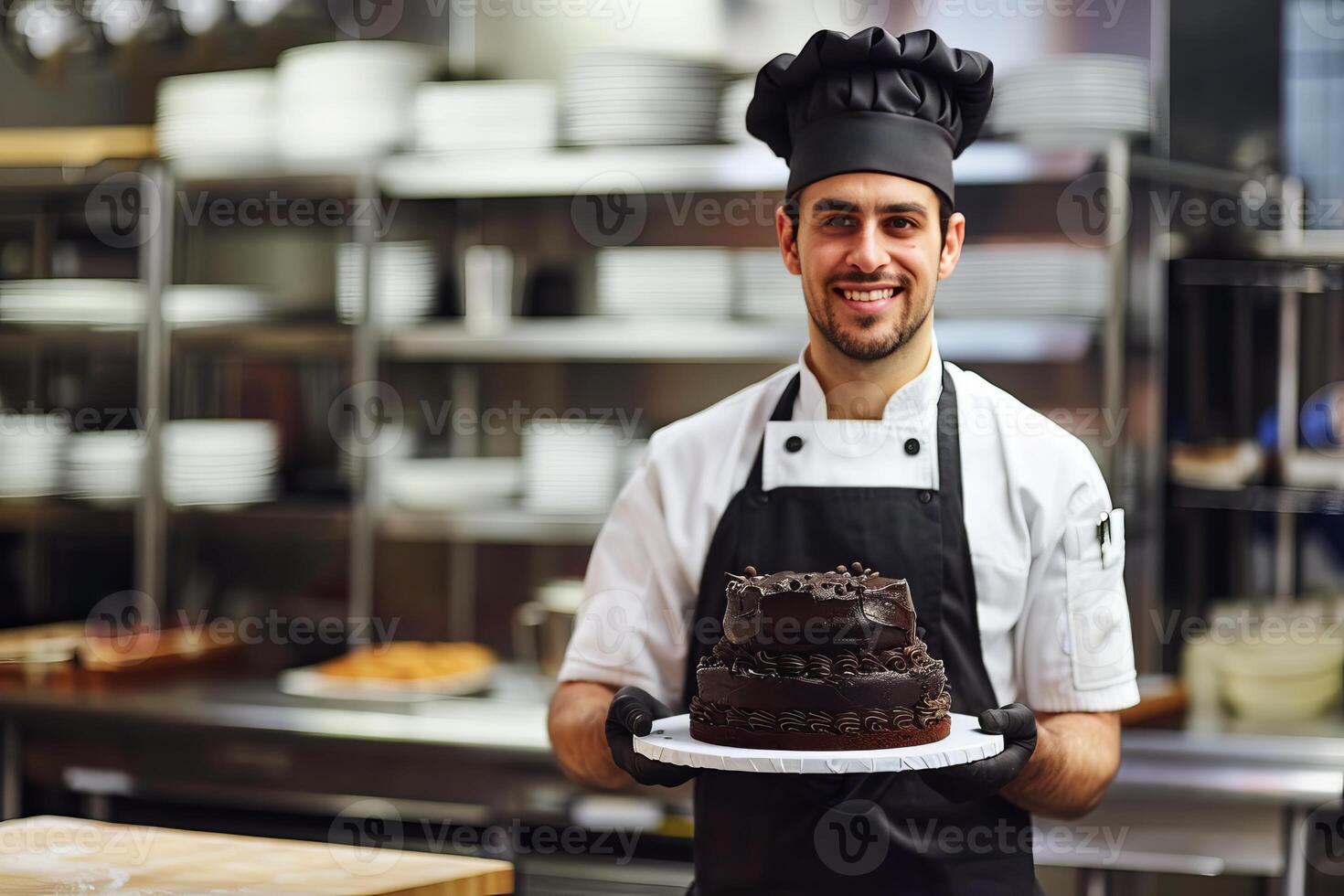 Pastry chef smiling holding showing chocolate cake in kitchen photo