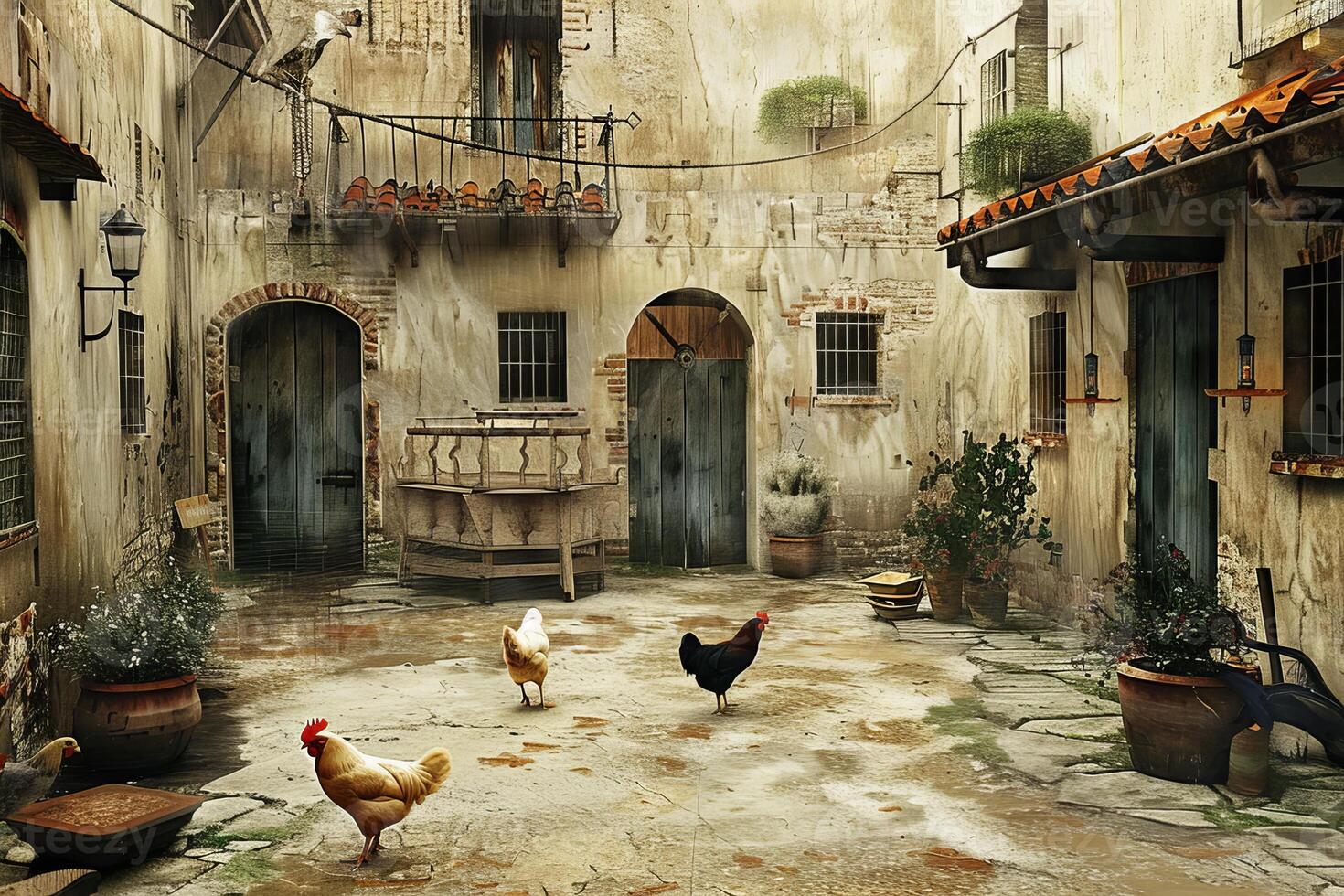 Chickens walking in an old european courtyard after rain photo