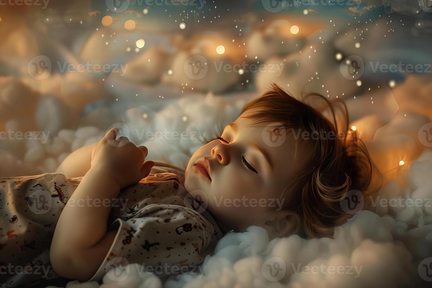 Baby sleeping peacefully on clouds with fairy lights photo