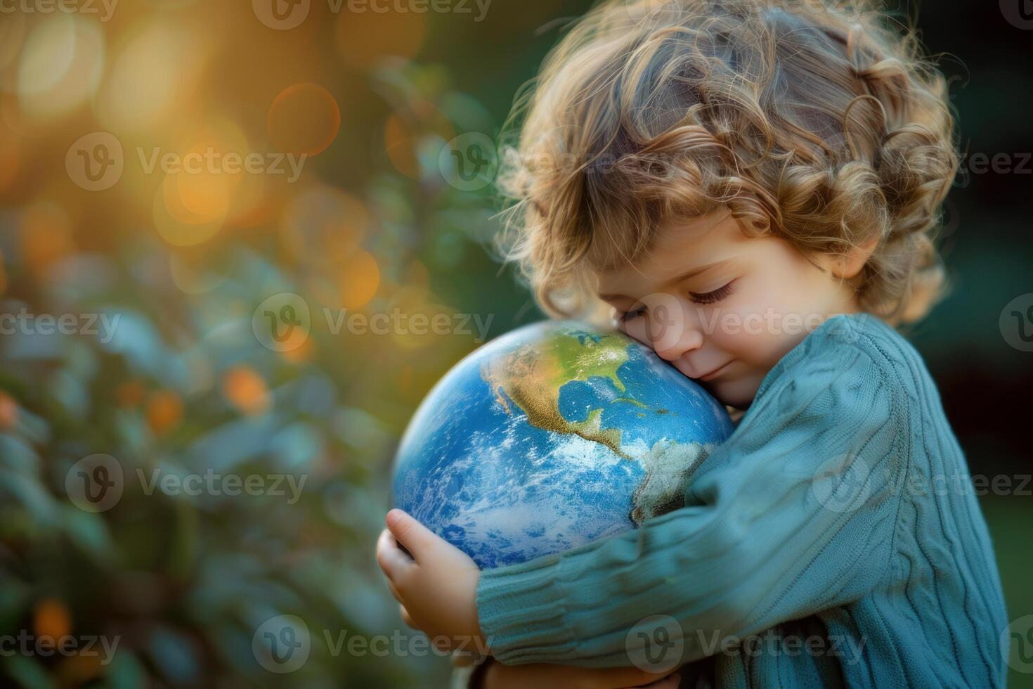 Young child is embracing the world showing love and care for planet earth photo