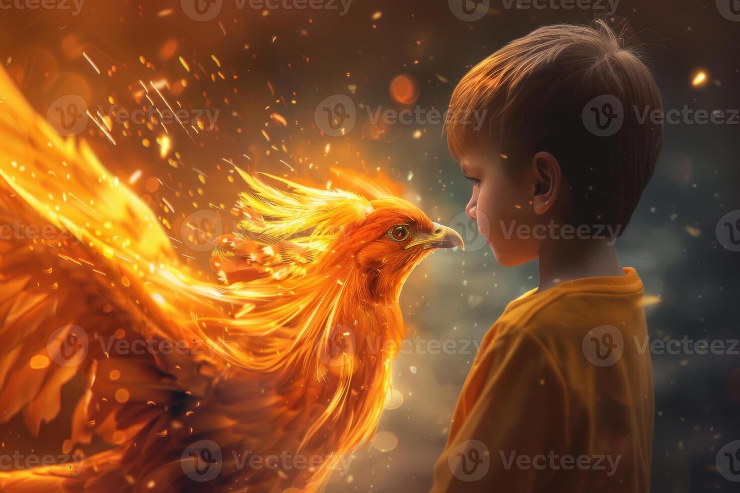 Young child meeting a magical phoenix rising from flames photo