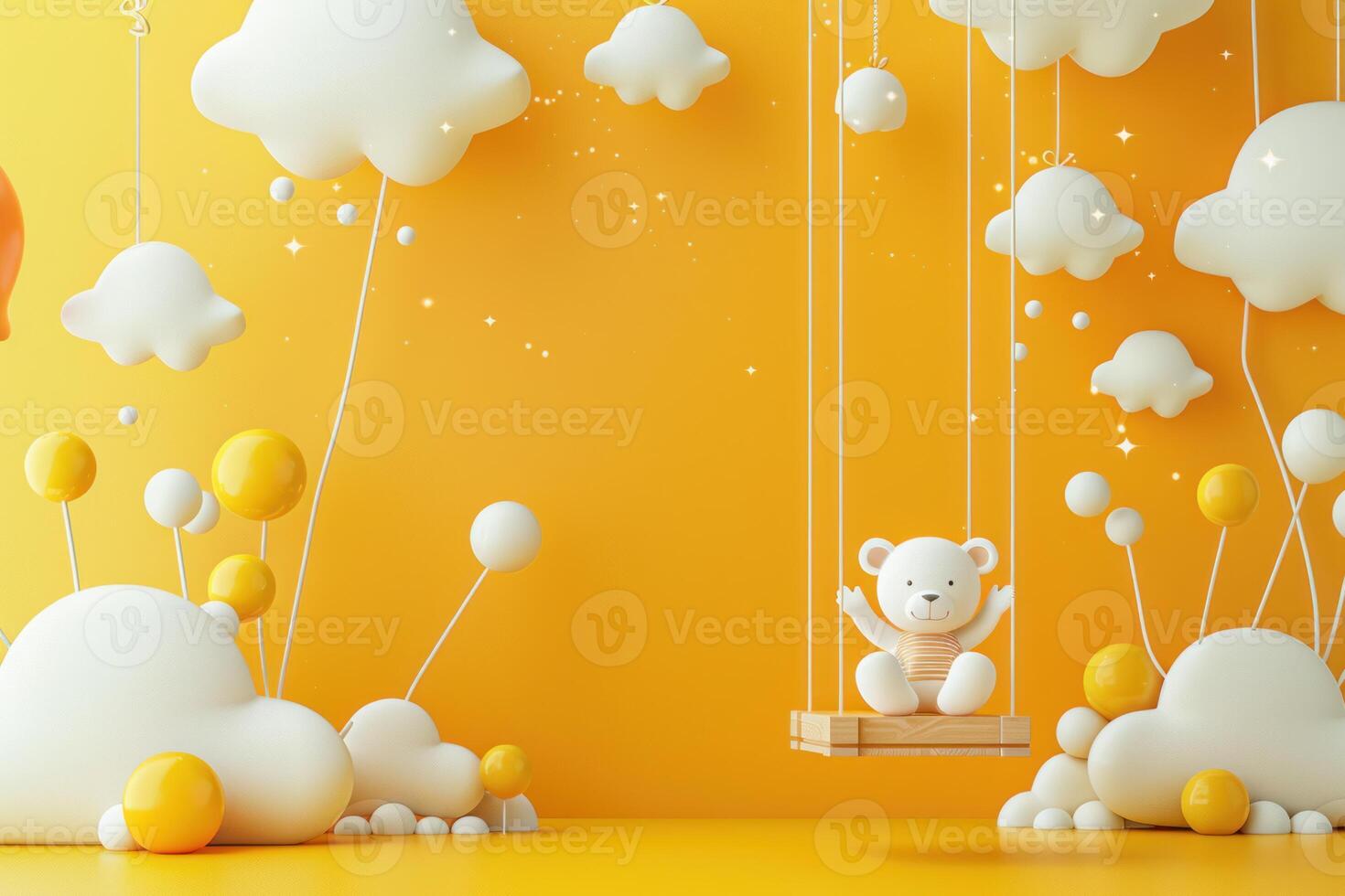 Cute teddy bear enjoying swing ride in a playful 3d room with yellow background photo