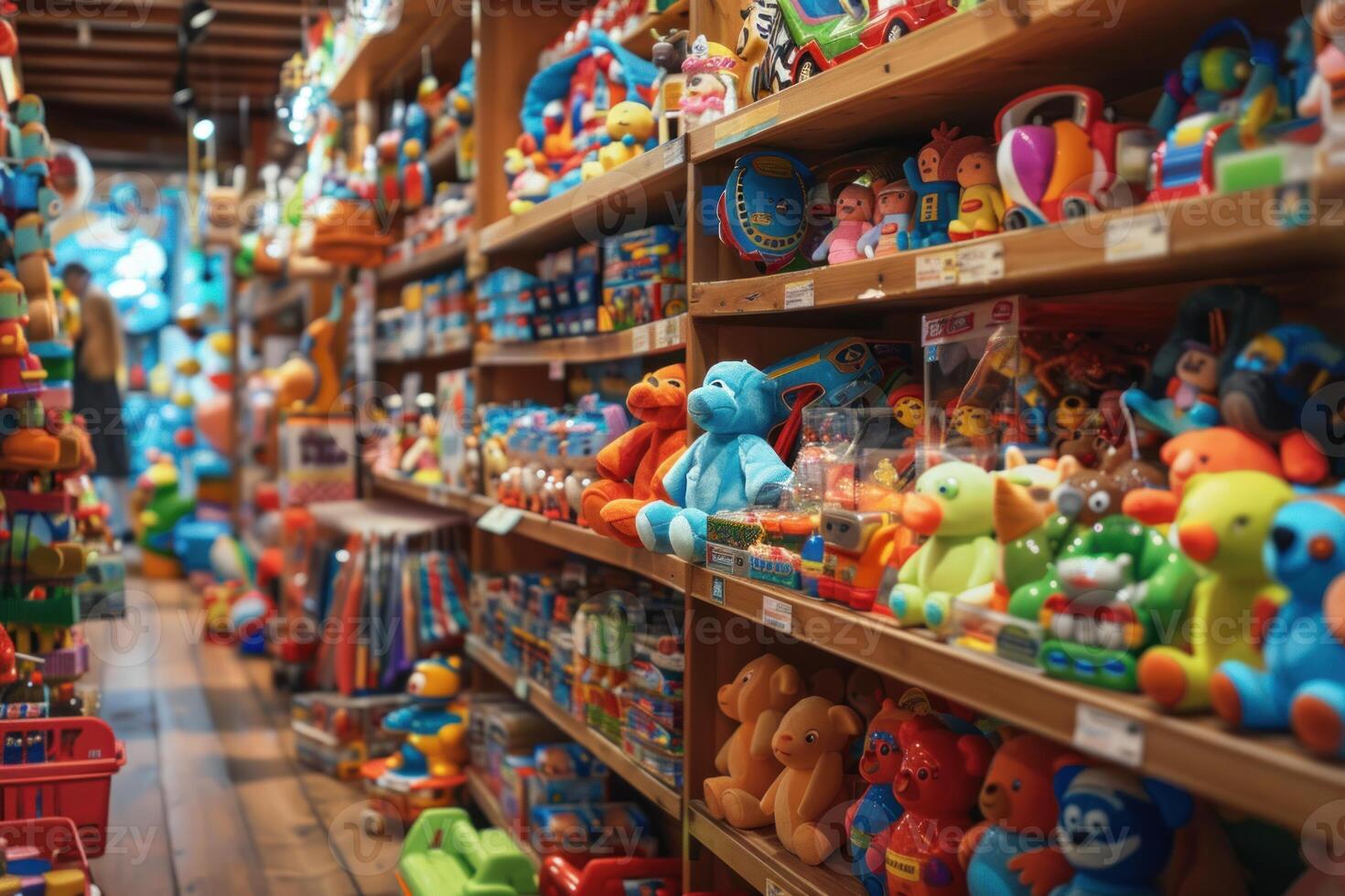 Wooden shelves stocked with colorful toys in a toy store photo