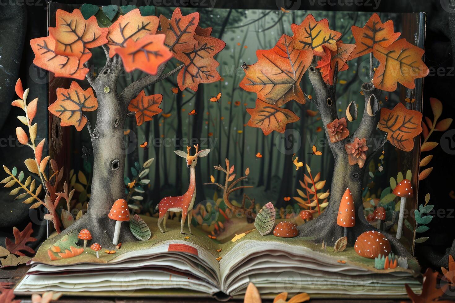 Pop up book depicting a deer standing in an autumnal forest setting photo