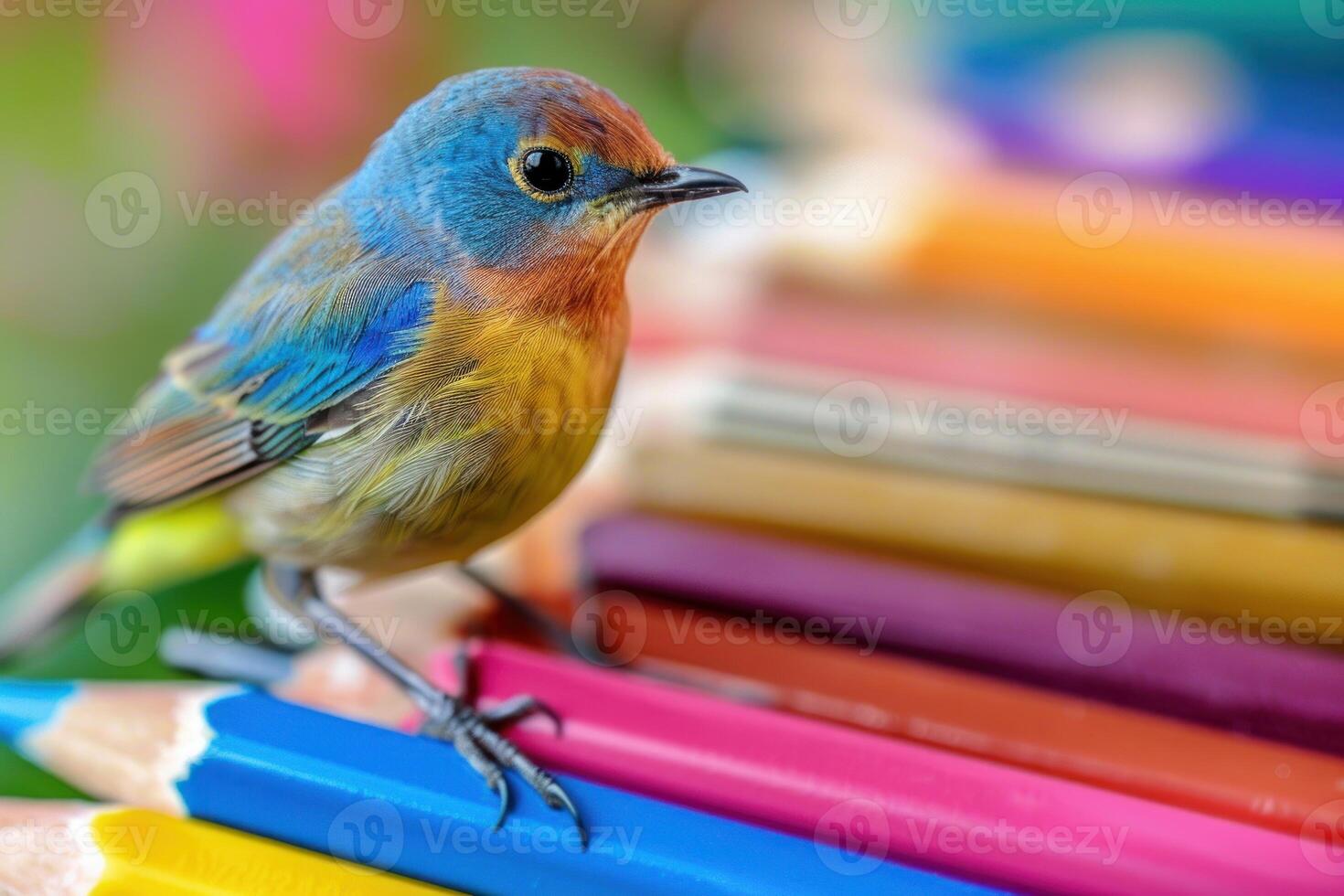Colorful little bird standing on a row of colored pencils photo
