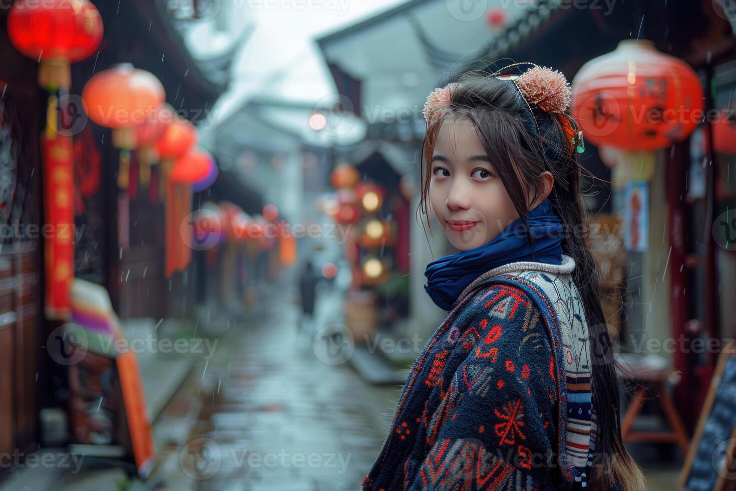 Young woman walking in traditional chinese market with red lanterns during chinese new year celebration photo