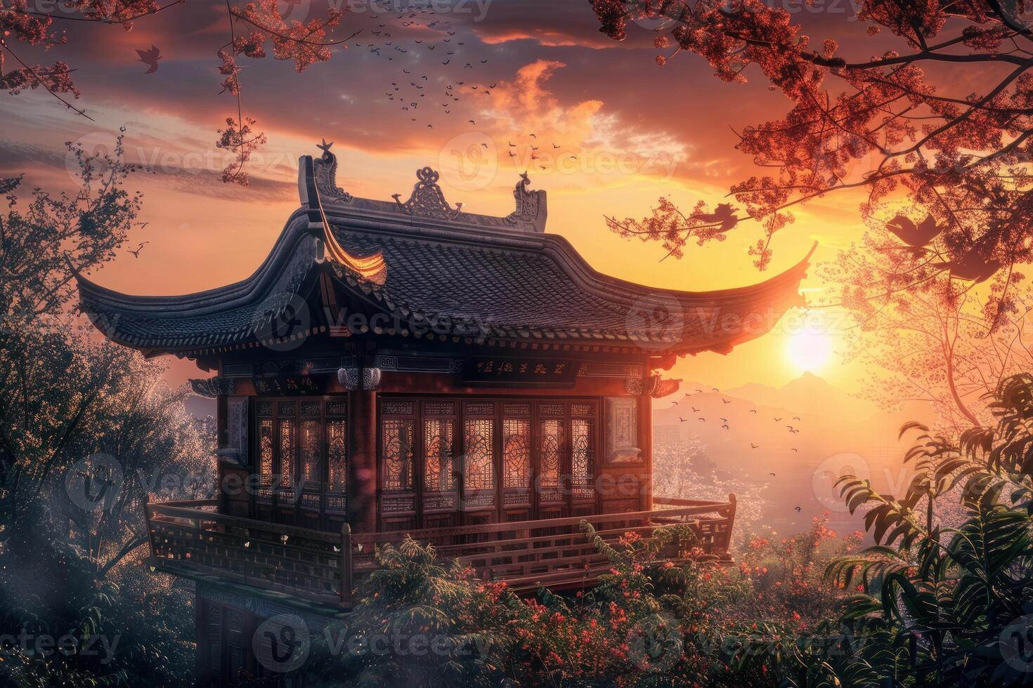 Traditional chinese pagoda towering over tranquil mountains at sunset photo