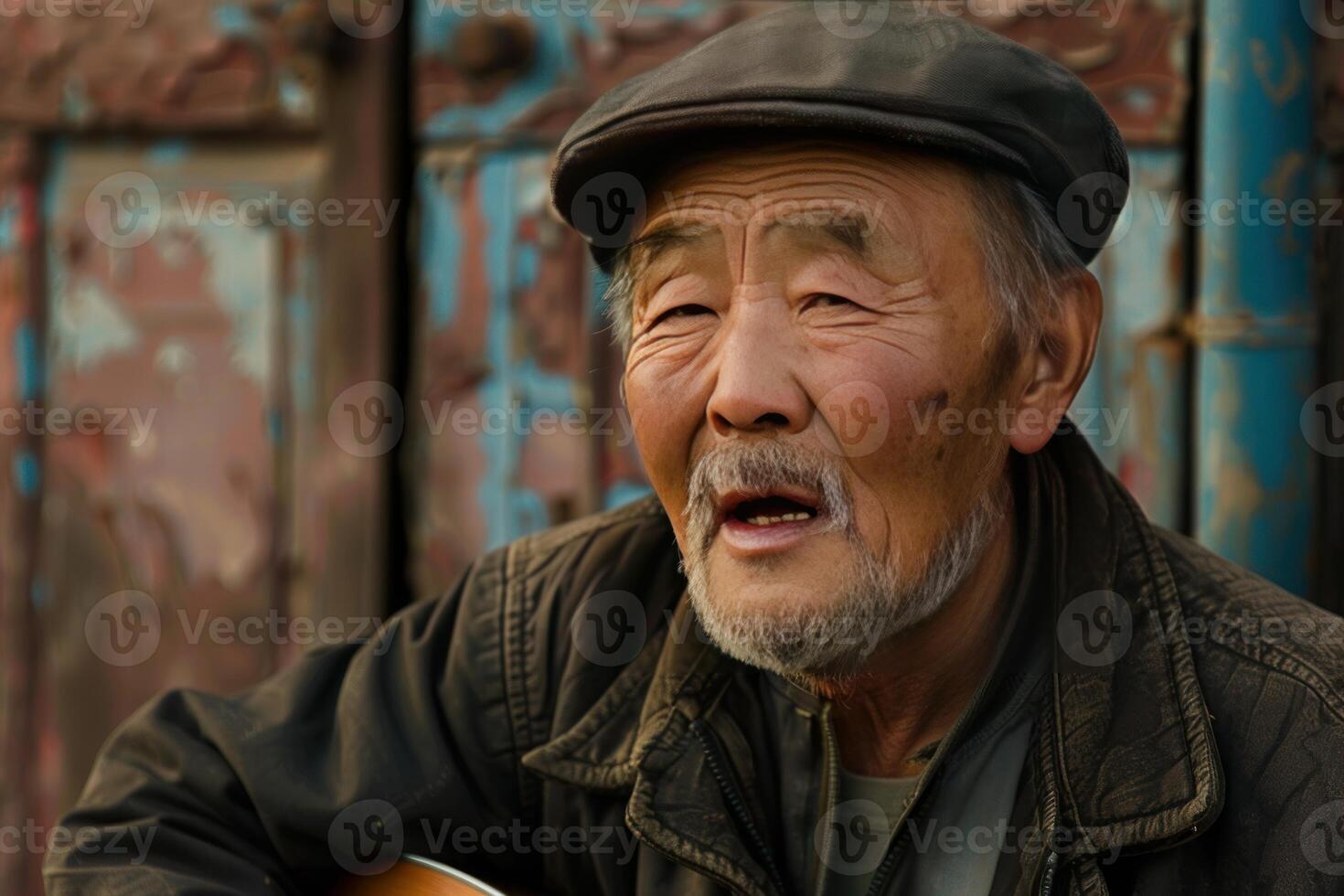 Senior asian musician singing with emotion while playing guitar photo
