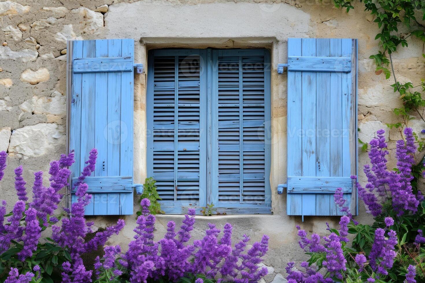 Rustic blue shutters on charming stone house photo