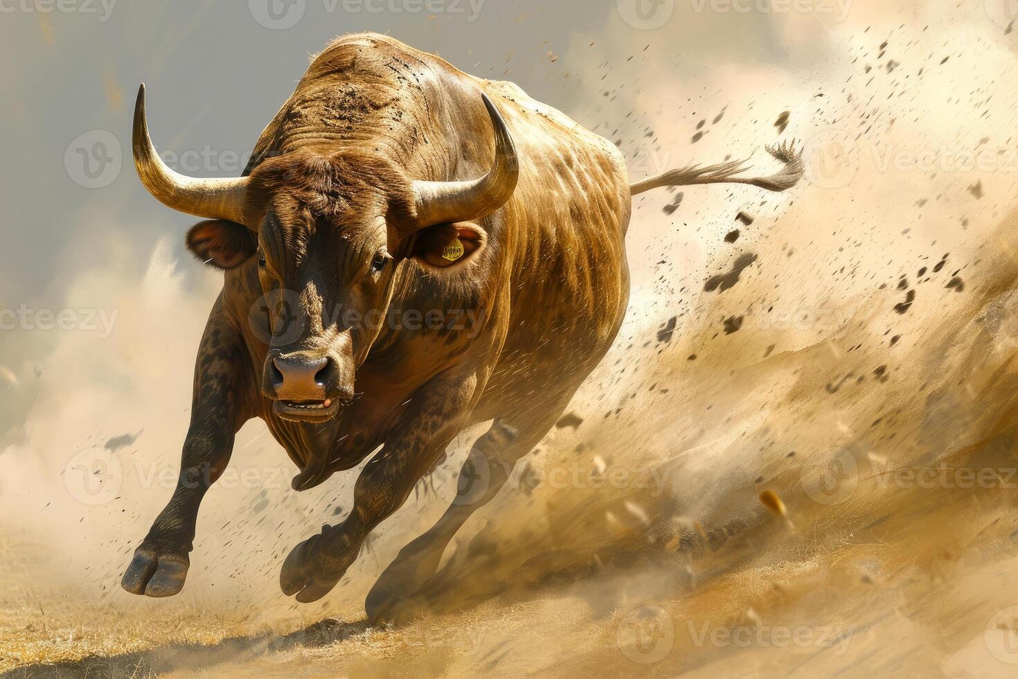 Charging bull in dynamic dust cloud photo
