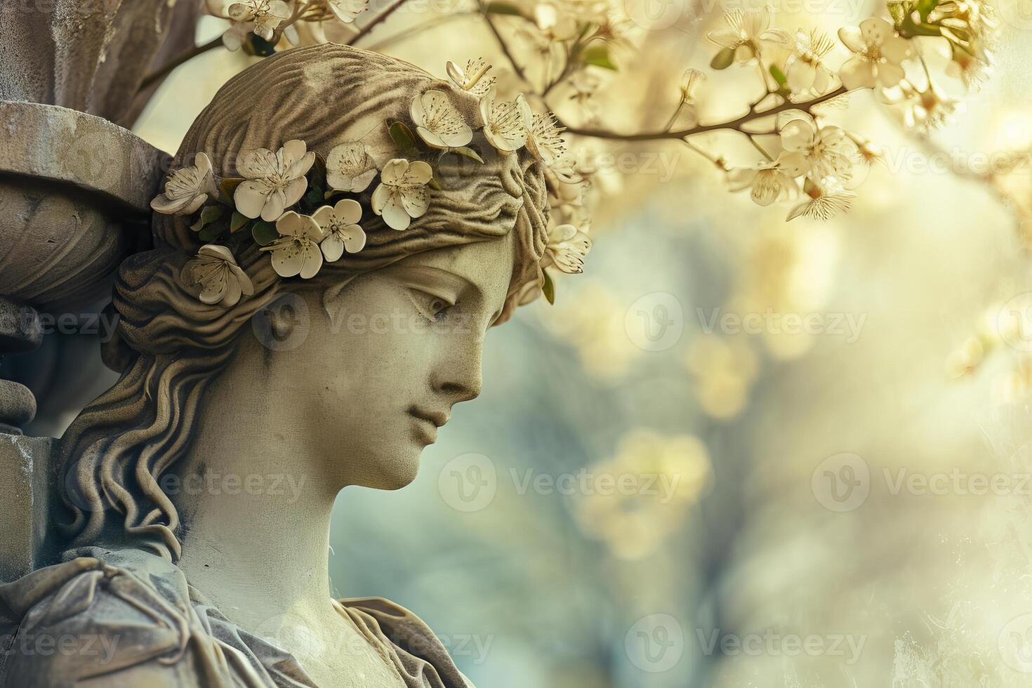 Enigmatic ancient statue with blossoming spring flowers photo