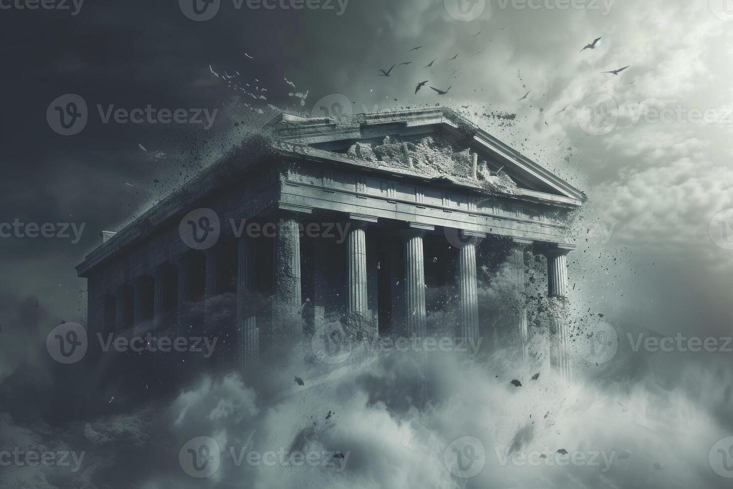 Mystical ancient temple in stormy sky photo