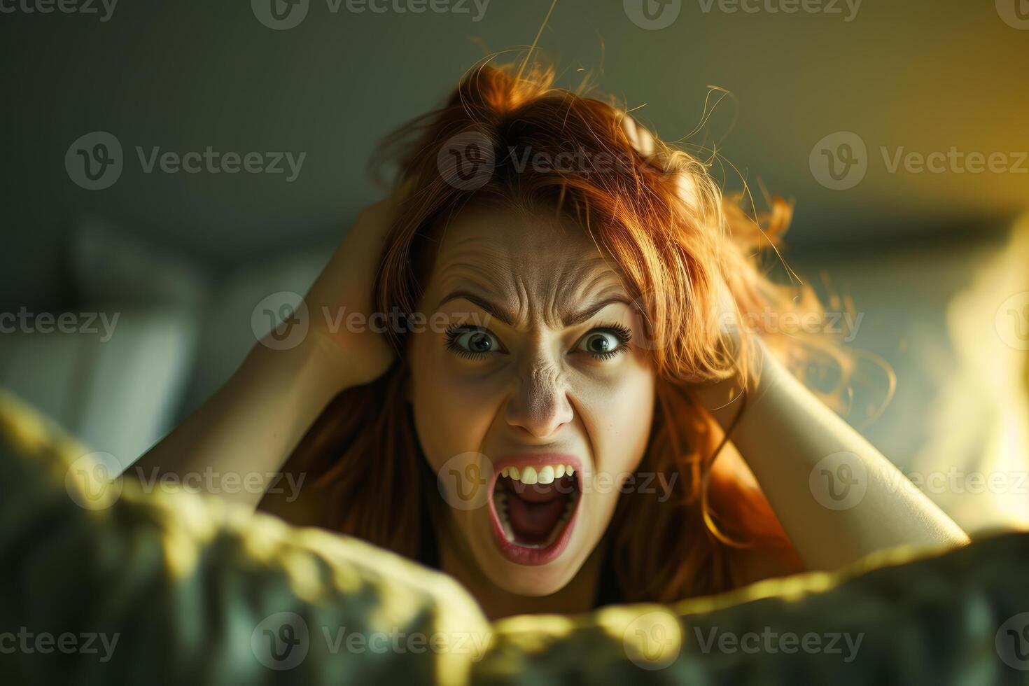 Horrified Beautiful woman screaming in bed. Generate Ai photo