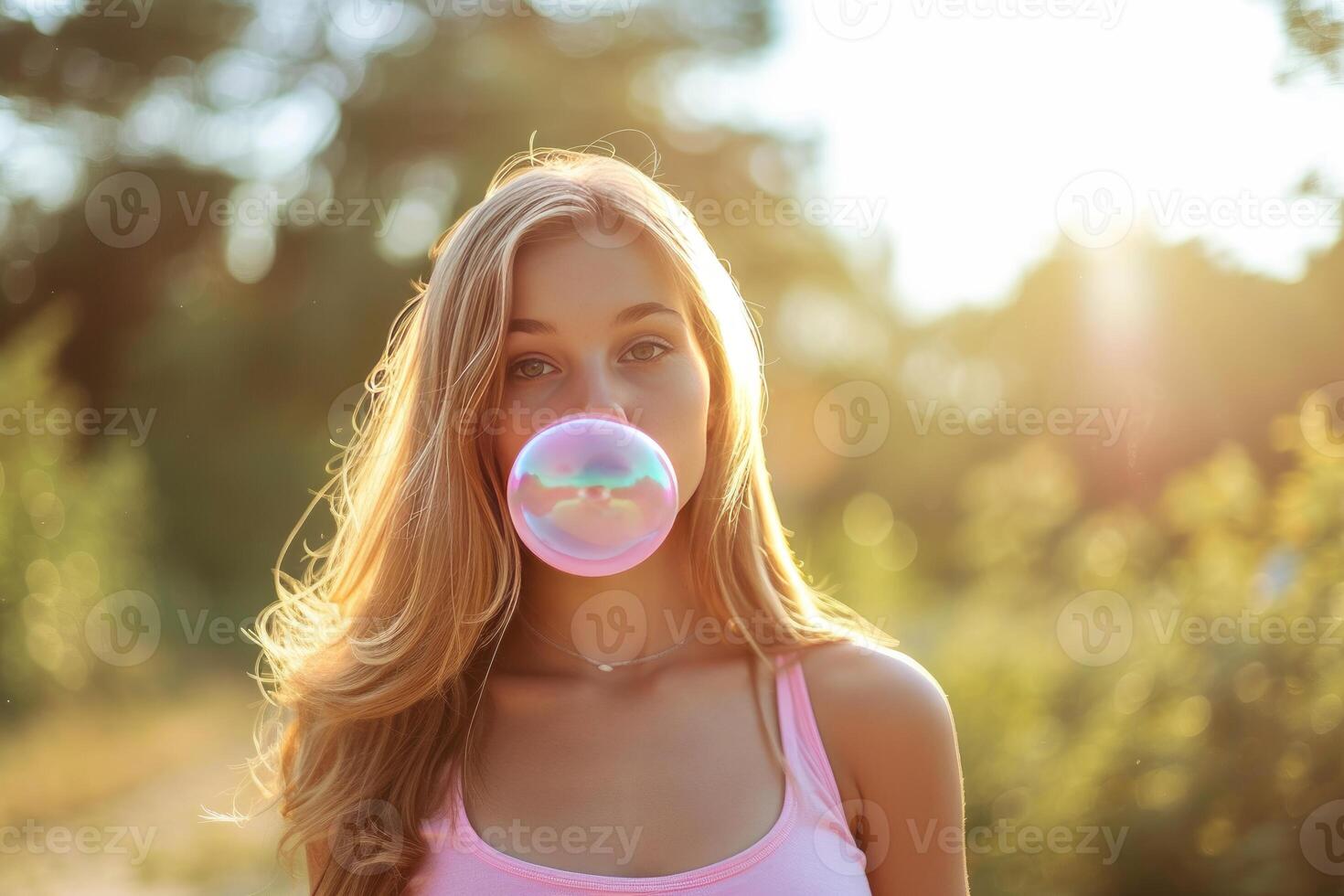 Radiant Beautiful young woman blowing bubble gum. Generate Ai photo