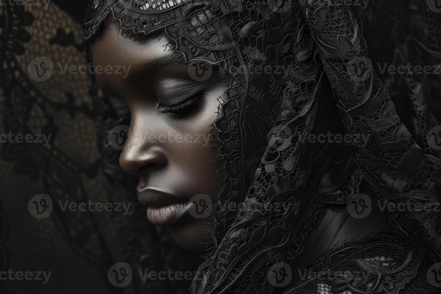 Ethereal beauty - close-up portrait with lace veil photo
